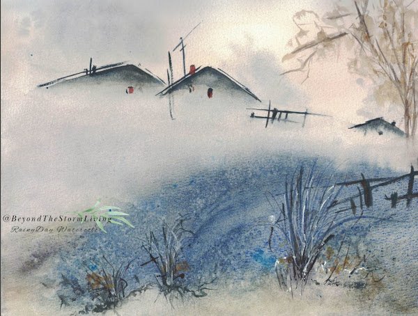 Foggy village with moody skies (Alla prima technique)