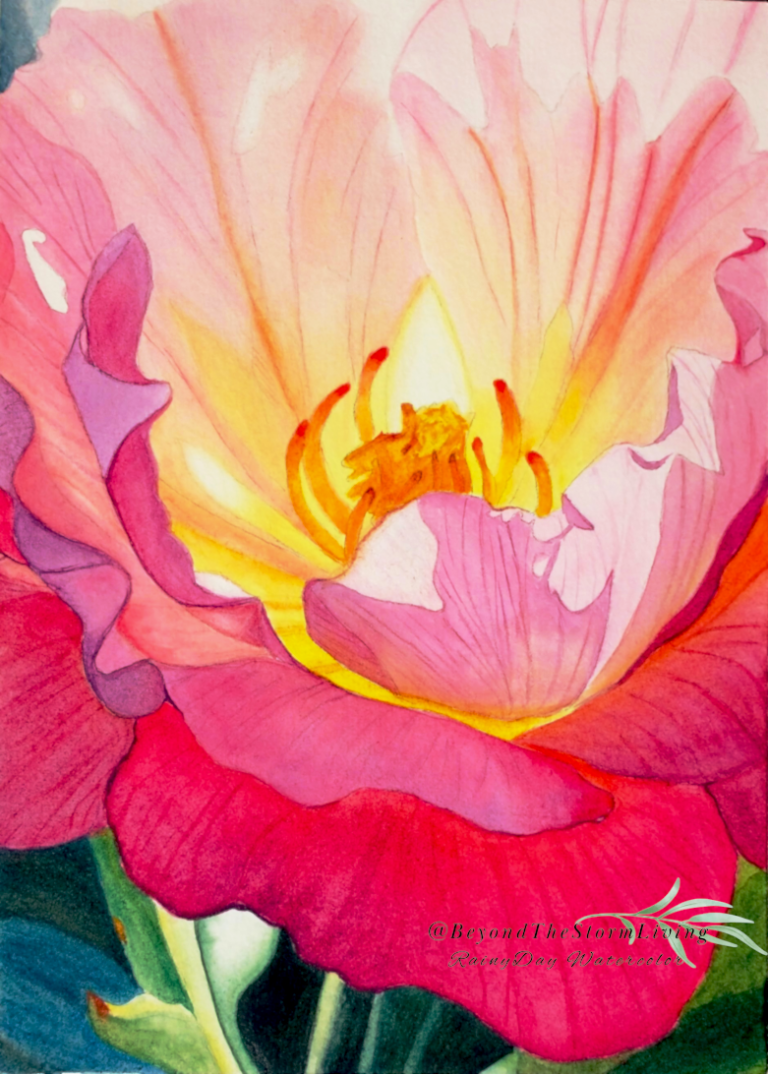 Close-up watercolor flower painting with sunlight glowing through translucent petals